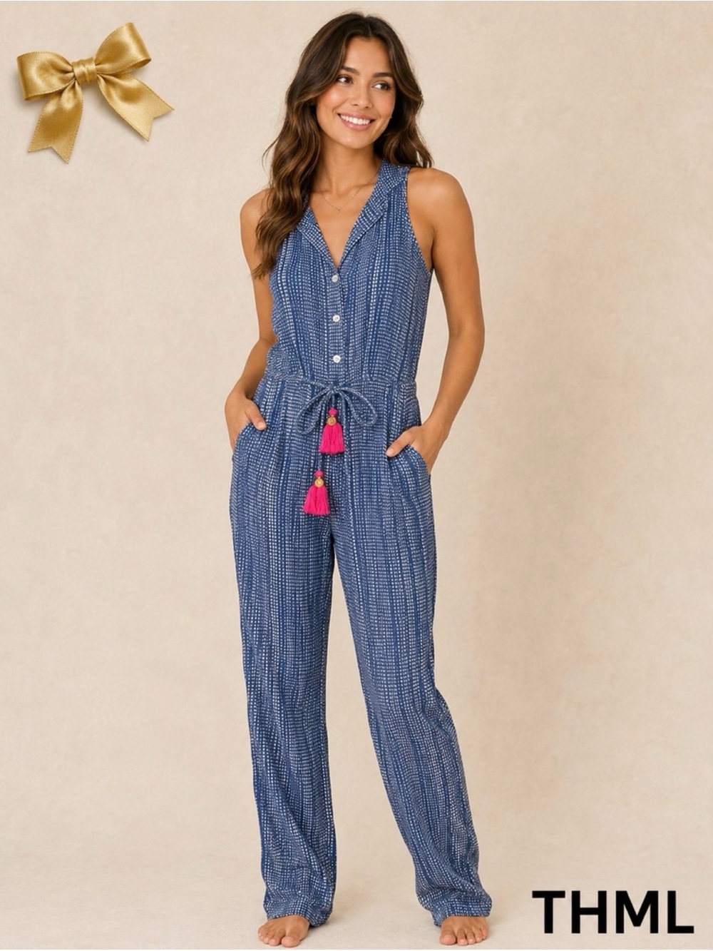 THML Navy Blue Sleeveless Button-Front Jumpsuit with Pink Tassels